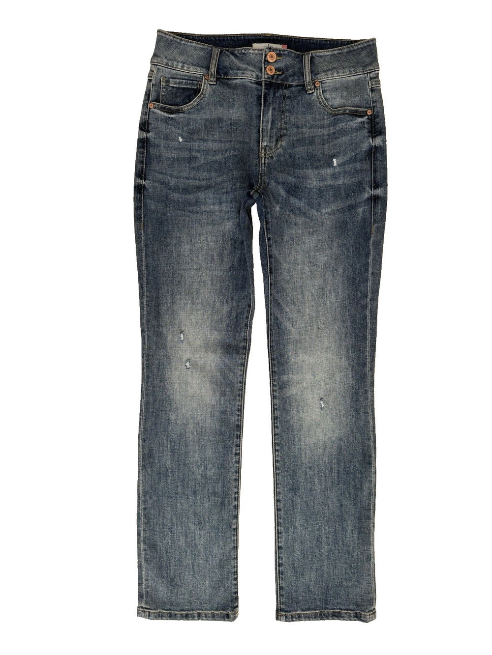 Cabi Cinch Straight Jeans 10 Double-Button Distressed Blue Denim Stretch 4521